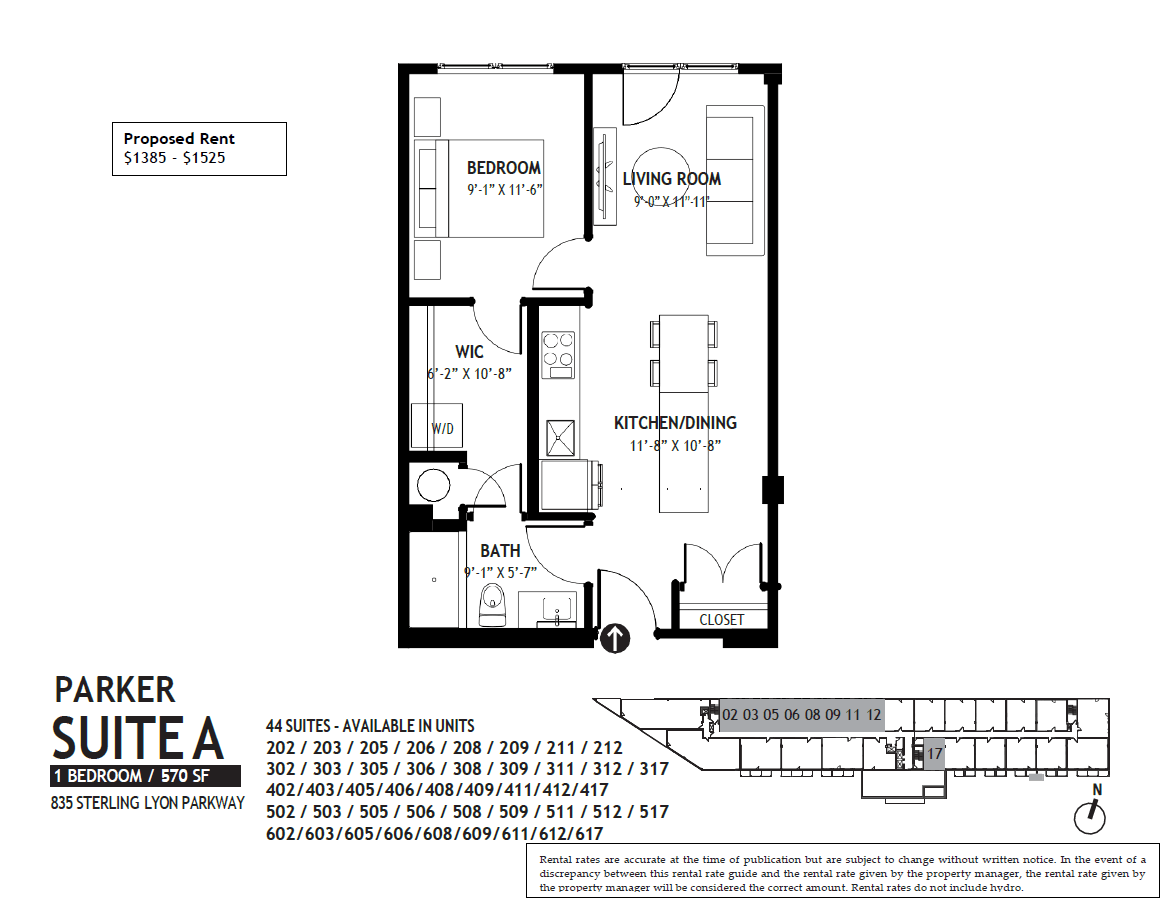 Floor plan for 1 bed, 1 bath, 570 sqft
